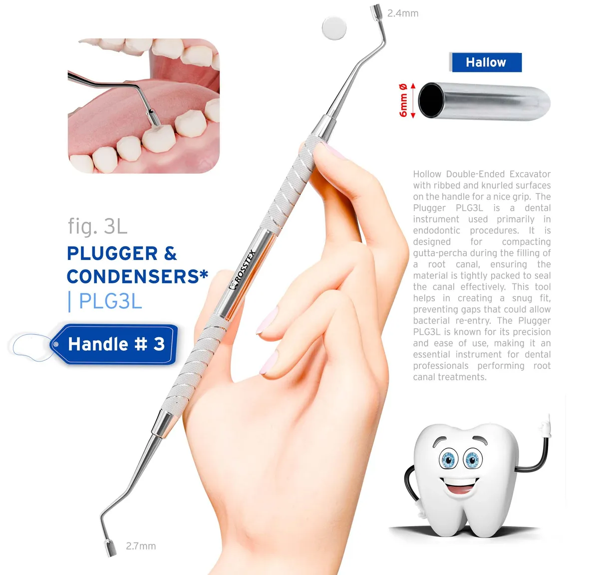 Dental Plugger/Condenser 3, Smooth, 2.4mm–2.7mm, Handle No. 3