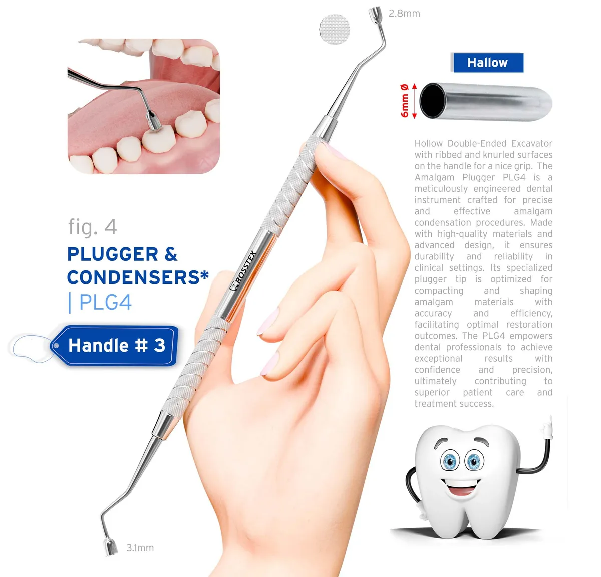 Dental Plugger/Condenser 4, Serrated, 2.8mm–3.1mm, Handle No. 3