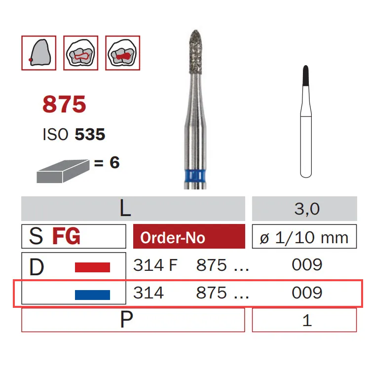 Diamond Bur, FG 009, Medium, Torpedo ISO #535