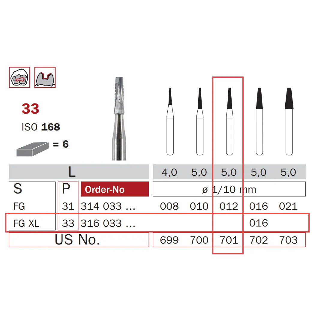 سنبلة كربيد جراحية، FG 012، طويلة جدًا، مخروط مقطوع ISO #168