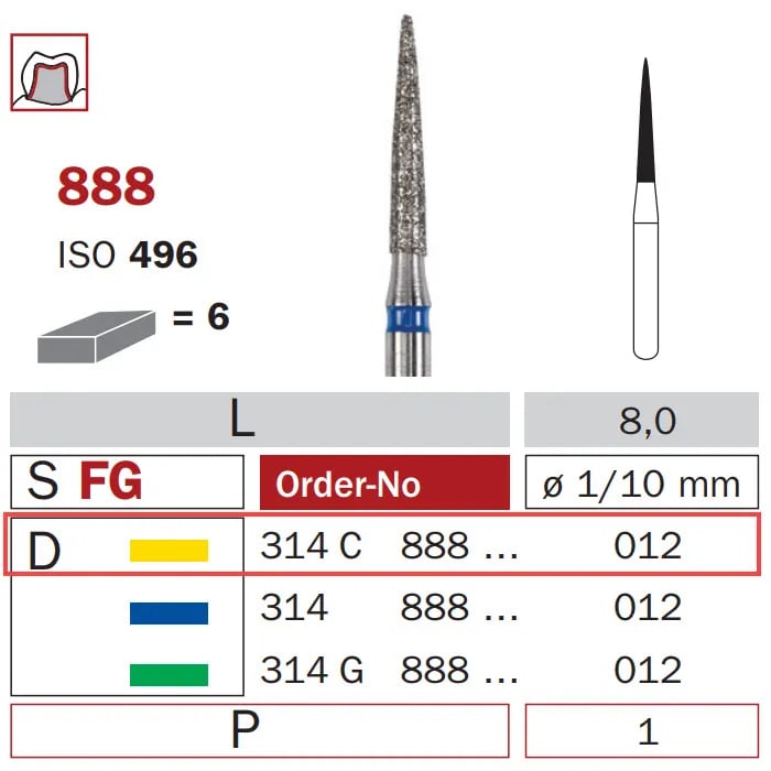 Diamond Bur, FG 012, X-Fine, Flame ISO #496