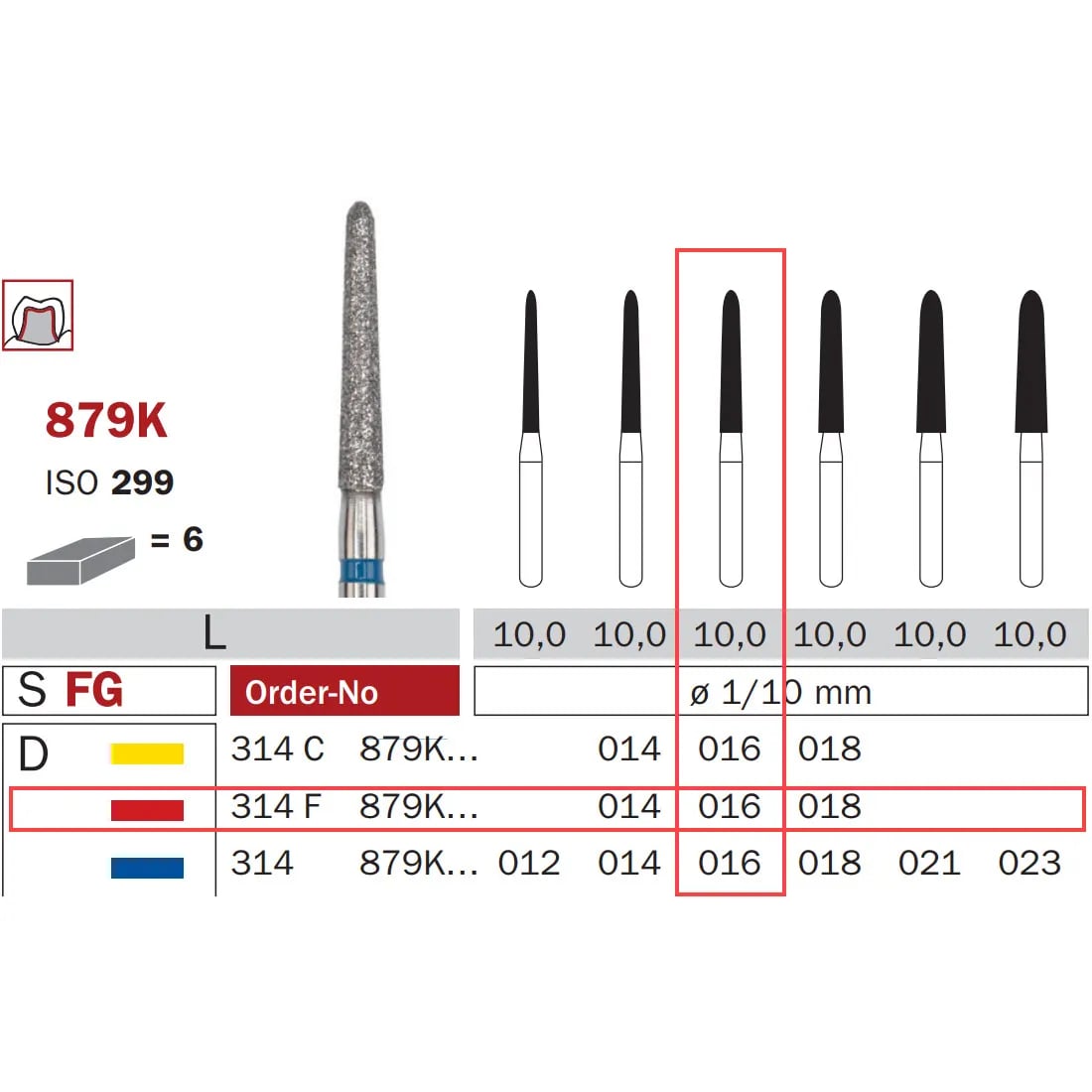 Diamond Bur, FG 016, Fine, Torpedo ISO #299