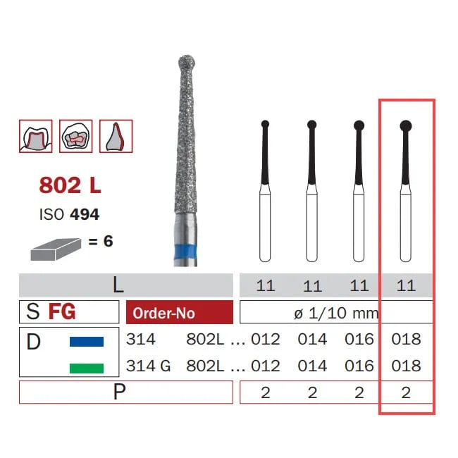 Diamond Bur, FG 018, Medium, Long Neck Round ISO #494