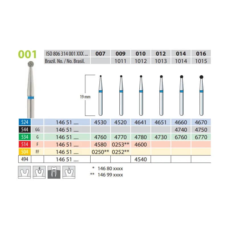 Diamond Burs, Round, FG 001-016, X-Coarse